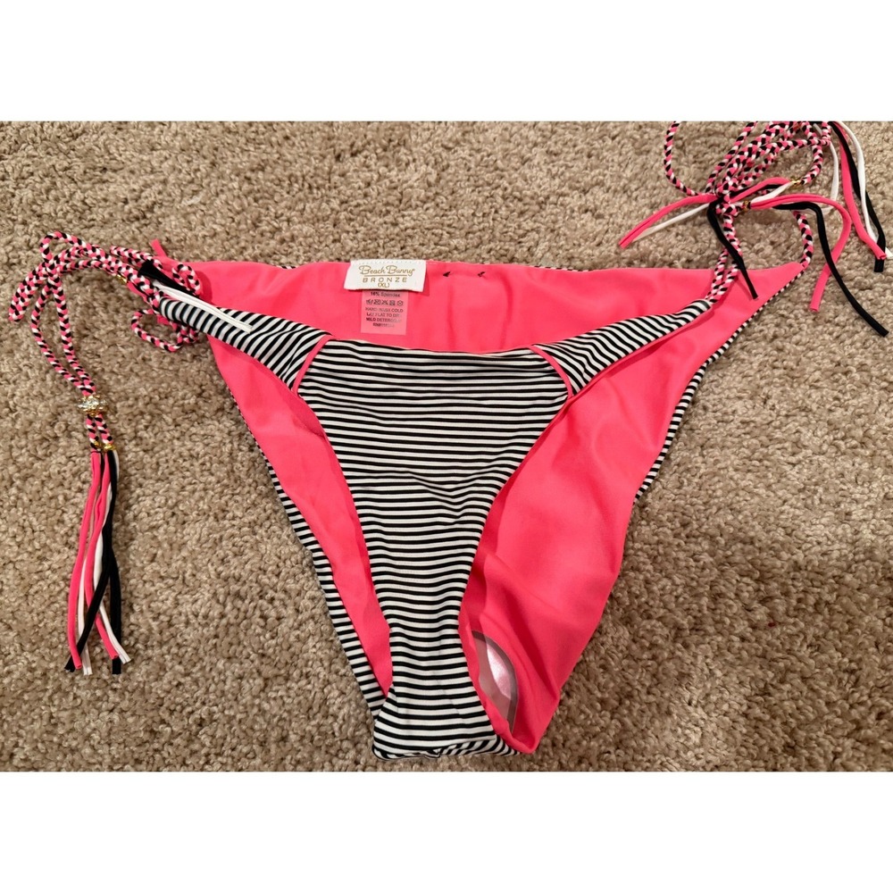 Beach Bunny Bronze Neon Pink Black White Striped Side Tie Bikini Bottoms XL‎